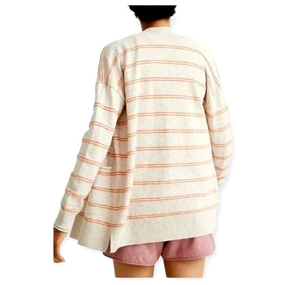 Madewell Bradley Beige Coral Striped Pocket Cardigan Sweater Size Large - Picture 2 of 13